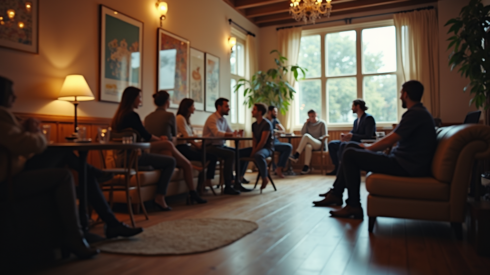 Eye-level view of a cozy lounge area with diverse people chatting