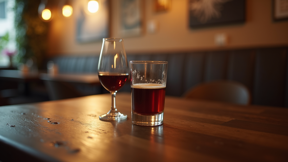 Mesa com duas taças de vinho em ambiente discreto e acolhedor para conversa