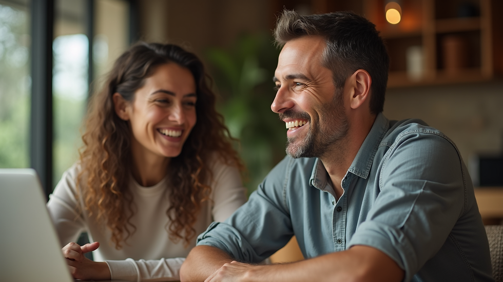 Plano médio de casal adulto sorrindo e conversando em ambiente acolhedor