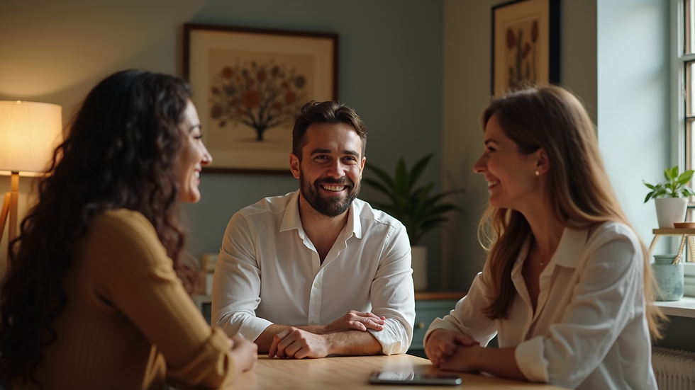 Plano médio de três adultos sorrindo e conversando em ambiente acolhedor e discreto