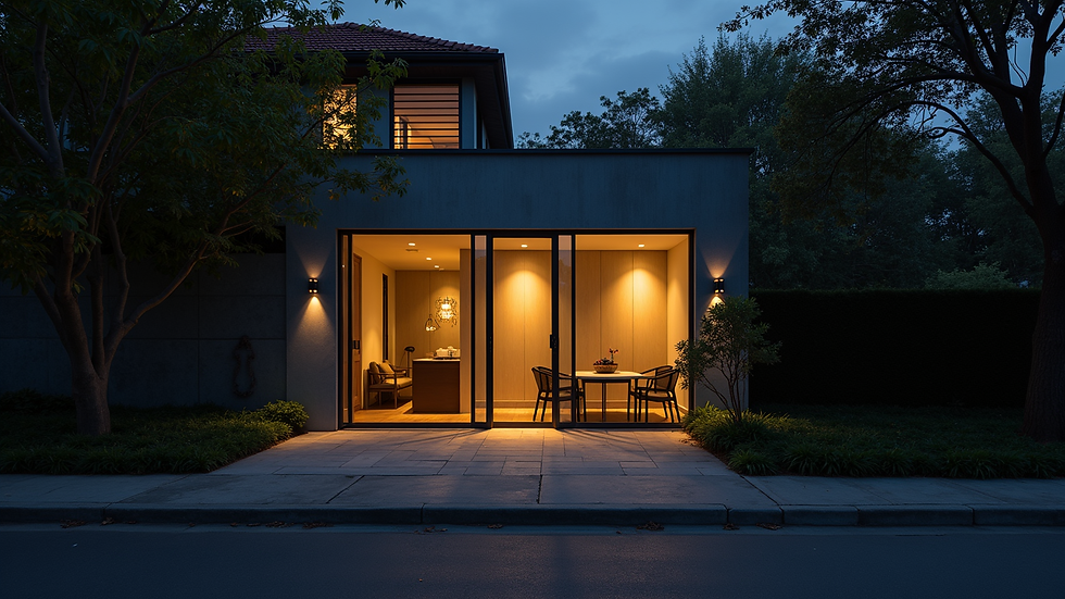 Vista externa noturna de casa liberal com iluminação discreta em São Luís