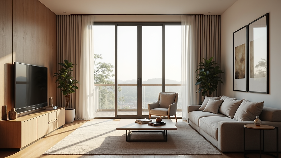 Vista interna de uma casa liberal com decoração discreta e ambiente acolhedor
