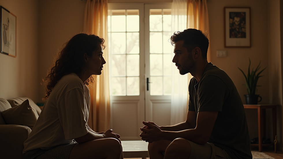 Vista de um casal adulto conversando em um ambiente íntimo e acolhedor