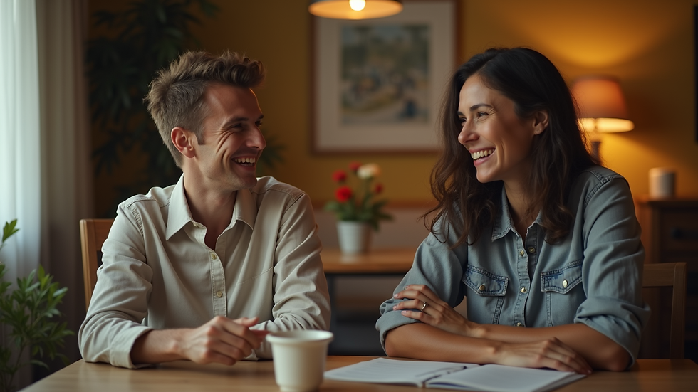 Ambiente acolhedor com casal sorrindo e conversando, transmitindo confiança e cumplicidade