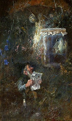 Gnom mit Zeitung und Tabakspfeife (English: Gnome with newspaper and tobacco pipe) by Heinrich Schlitt (1923)