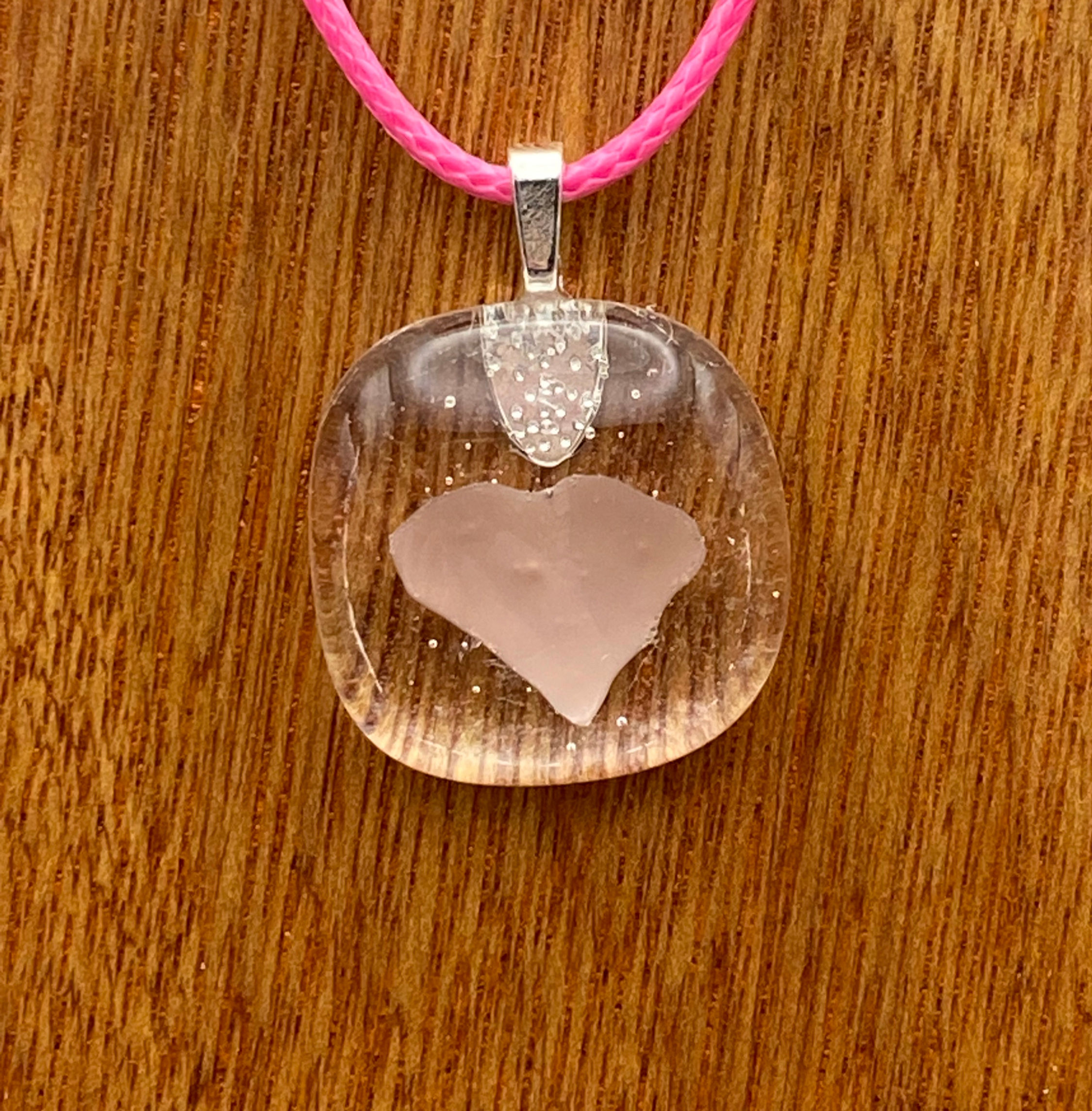 Tiny Pink Frit Heart Fused Glass Necklace
