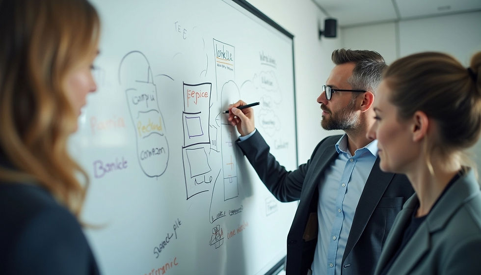 Close-up view of a team discussing ideas on a whiteboard