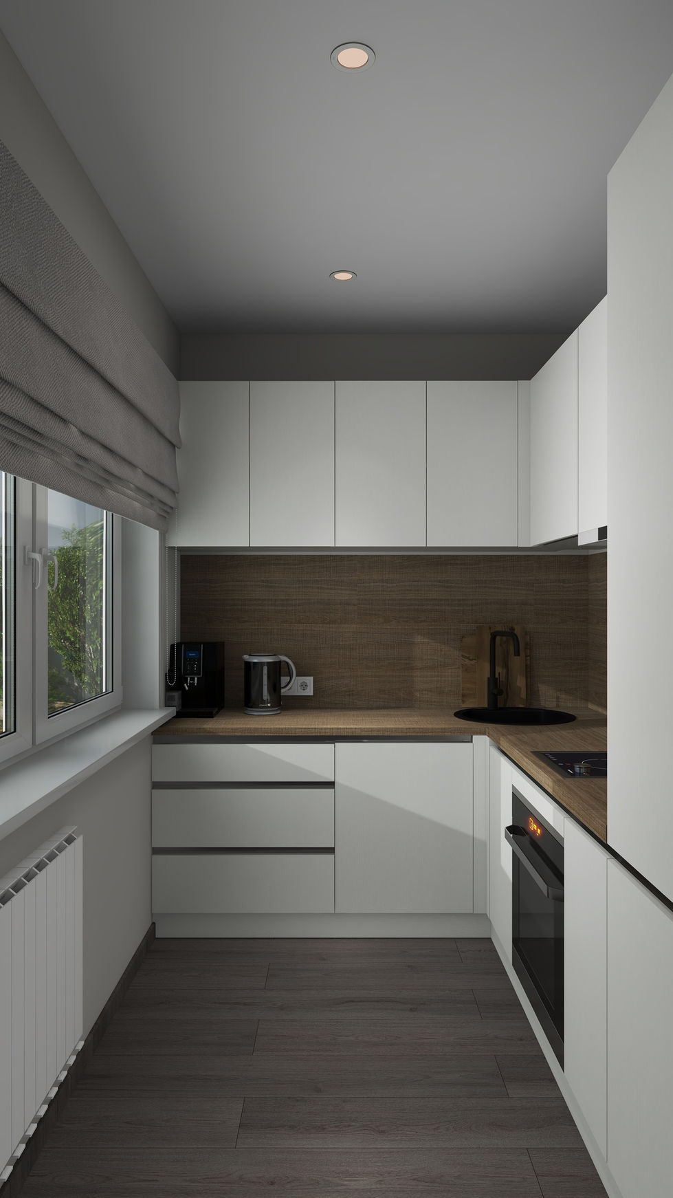 Modern white kitchen in studio flat