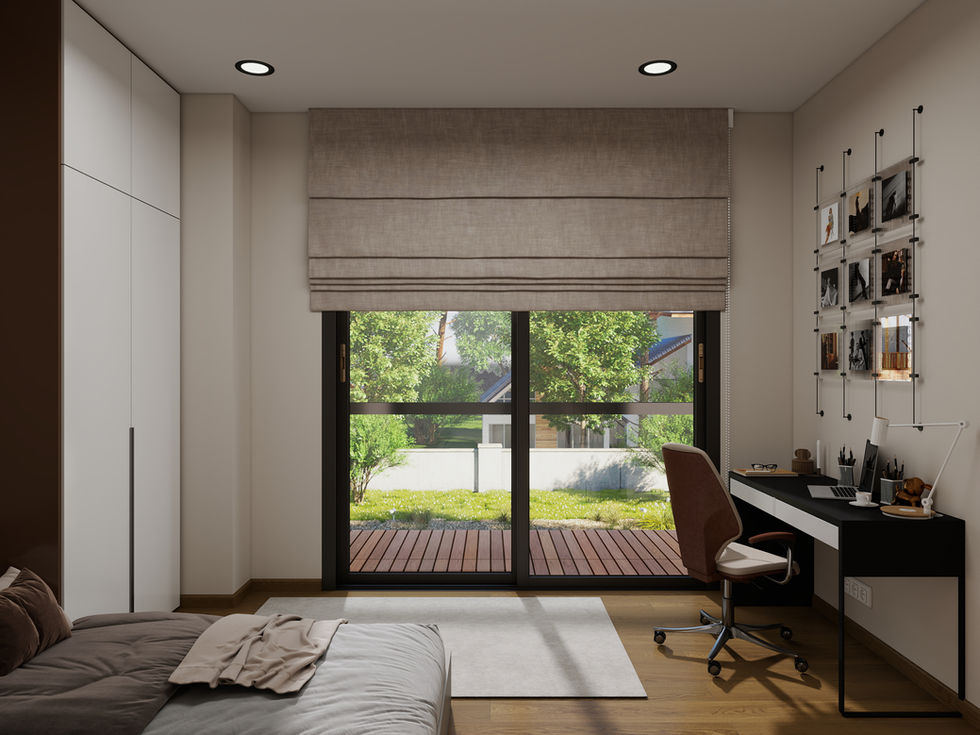 Modern bedroom with large window, desk