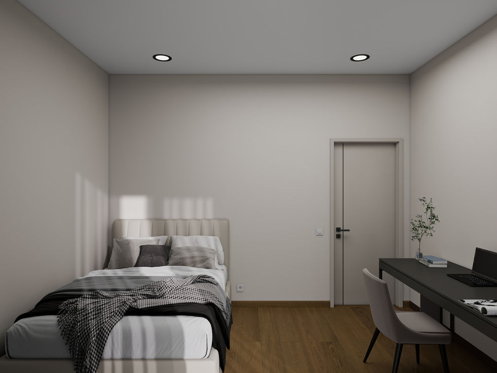 Modern bedroom with desk, bed, and door