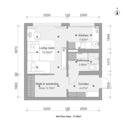 Floor plan design for a studio apartment with area details.