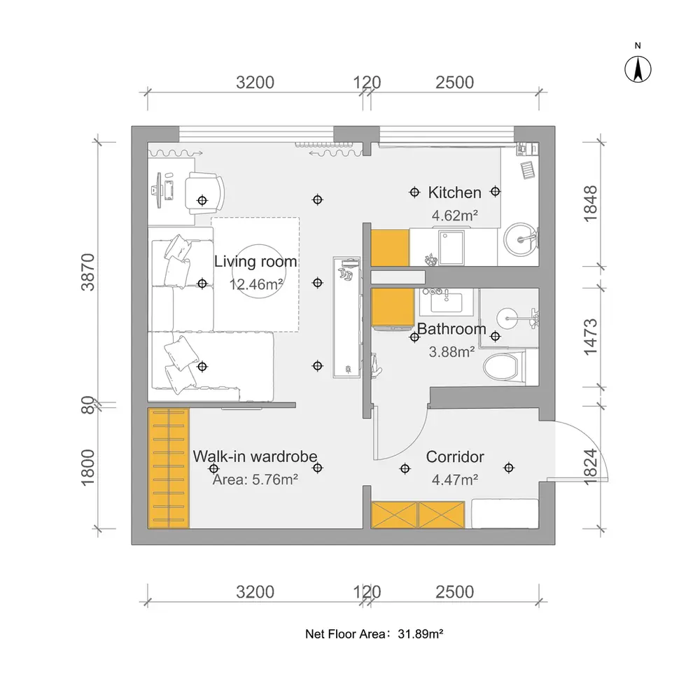 Studio apartment floor plan: Living room, kitchen, bathroom