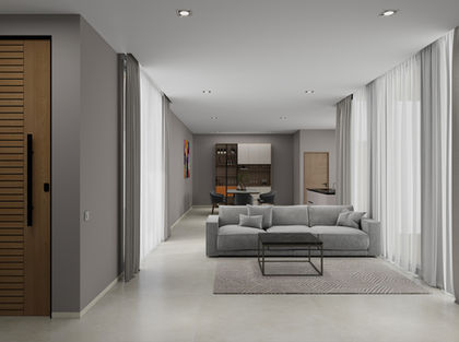 Modern living room floor plan design with gray sofa.