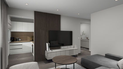 Modern living room and kitchen floor plan design.