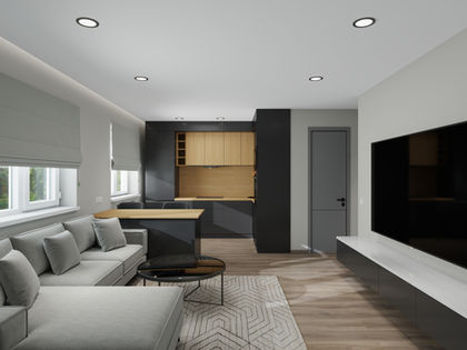 Modern living room and kitchen floor plan design.