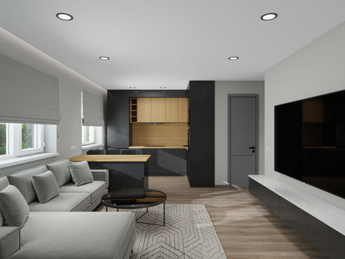 Modern living room and kitchen floor plan design.