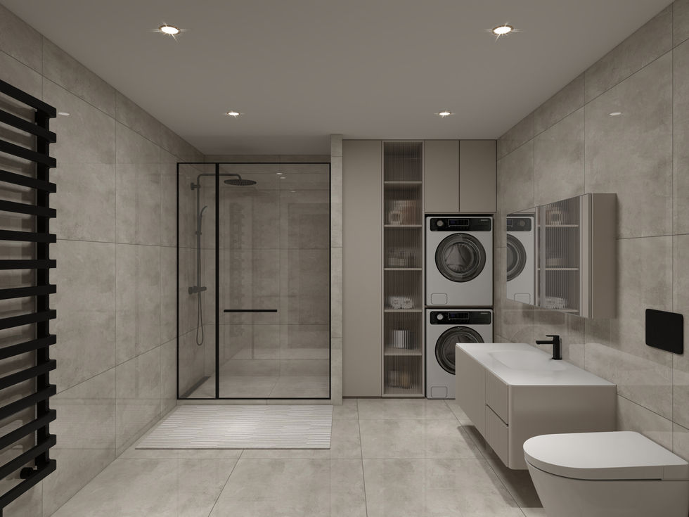 Modern bathroom, shower, toilet, washer, dryer