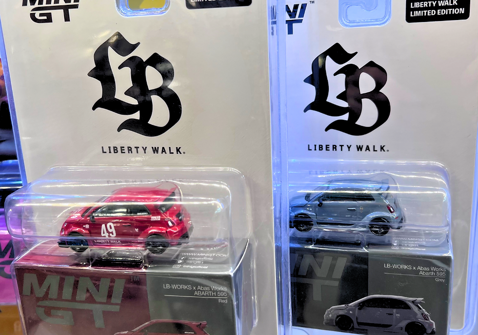 「アバルト595」ミニカー MINI GT リバティーウォークの限定パッケージ版のレッドとグレーカラー