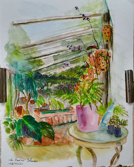 La terrasse aux orchidées (Gîtes La Ravine Bleue en Guadeloupe, aquarelle et gouache sur papier, carnet de voyage)