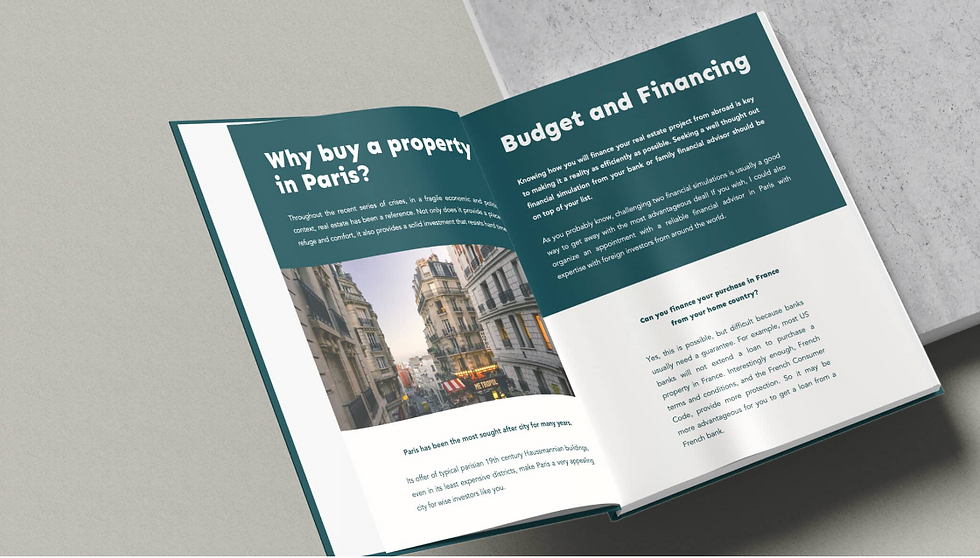 Open Tomette Paris guide on a gray surface, features articles titled "Why buy a property in Paris?" and "Budget and Financing," with a Paris street photo.
