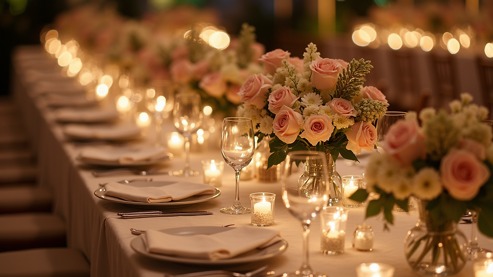 Eye-level view of a beautifully decorated party table with elegant centerpieces