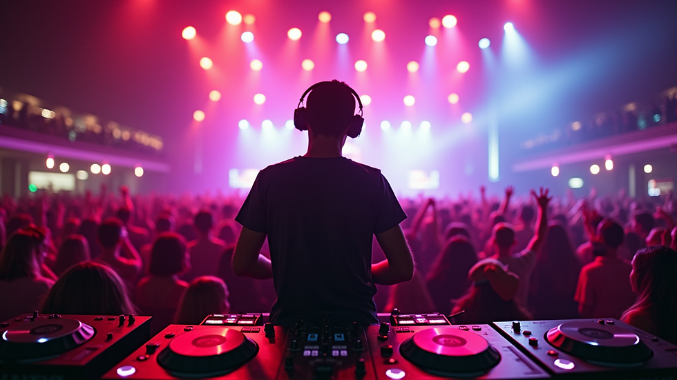 Eye-level view of DJ Thomas Riser performing at a vibrant festival