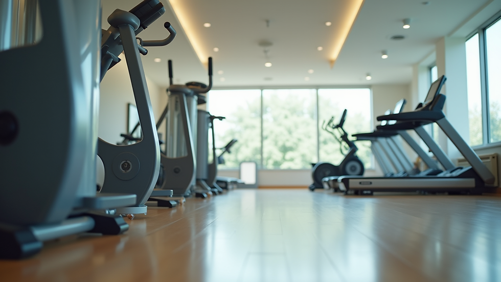 Eye-level view of a rehabilitation gym with exercise equipment