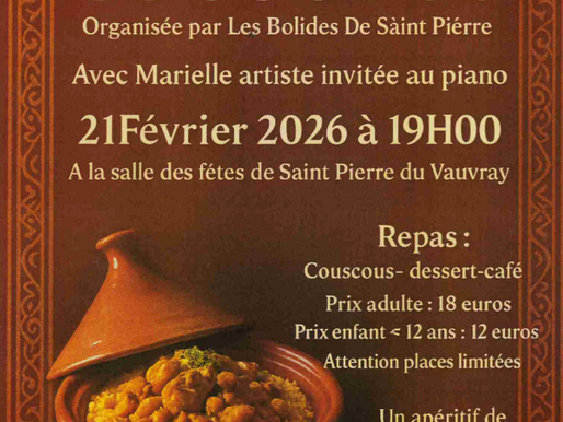 Soirée couscous le 21 février 2026 à 19h00 à Saint-Pierre du Vauvray