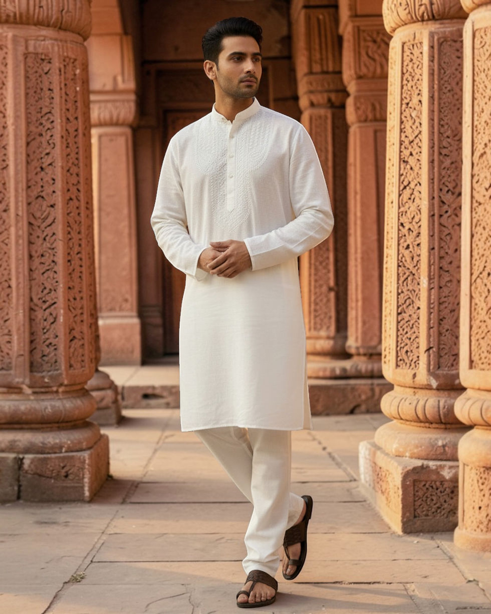 Man in a white kurta and sandals stands in an ornate sandstone temple corridor, looking away with a calm expression.