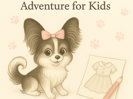 Pickles the Papillon standing proudly in a dreamy, pastel toned setting with whimsical design elements, evoking themes of creativity, confidence and children's storytelling.