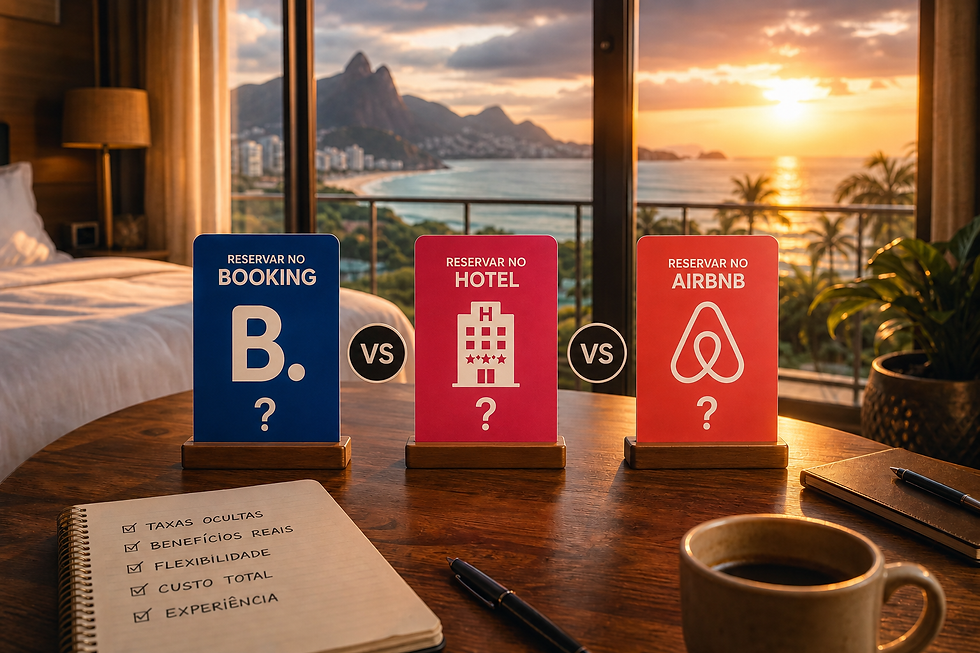 Cartões de comparação de Booking, hotel e Airbnb sobre mesa, com vista de praia ao pôr do sol e clima elegante.