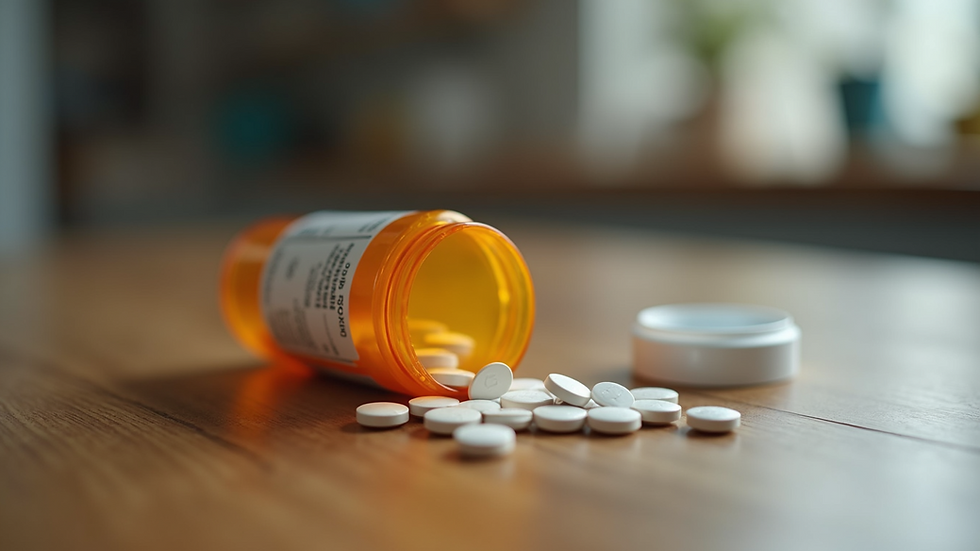 Eye-level view of a prescription bottle and pills on a wooden table