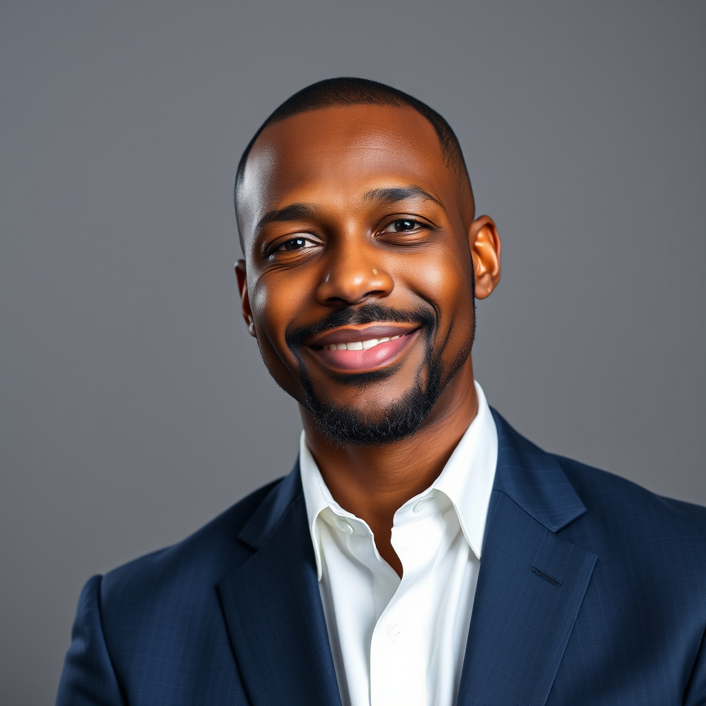 professional corporate headshot of a confident Black male executive in his mid 40s, short