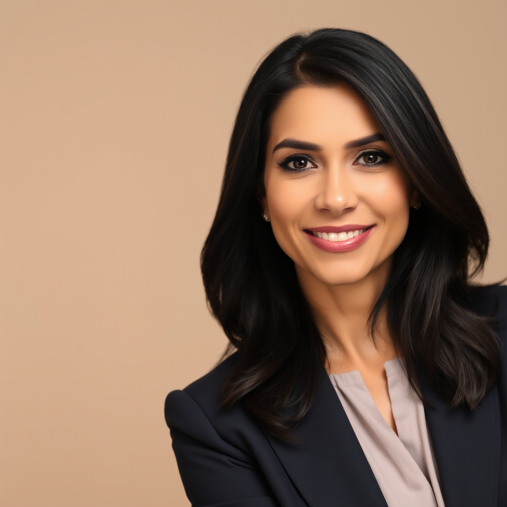 professional headshot of a Hispanic businesswoman in her early 40s, long dark hair styled
