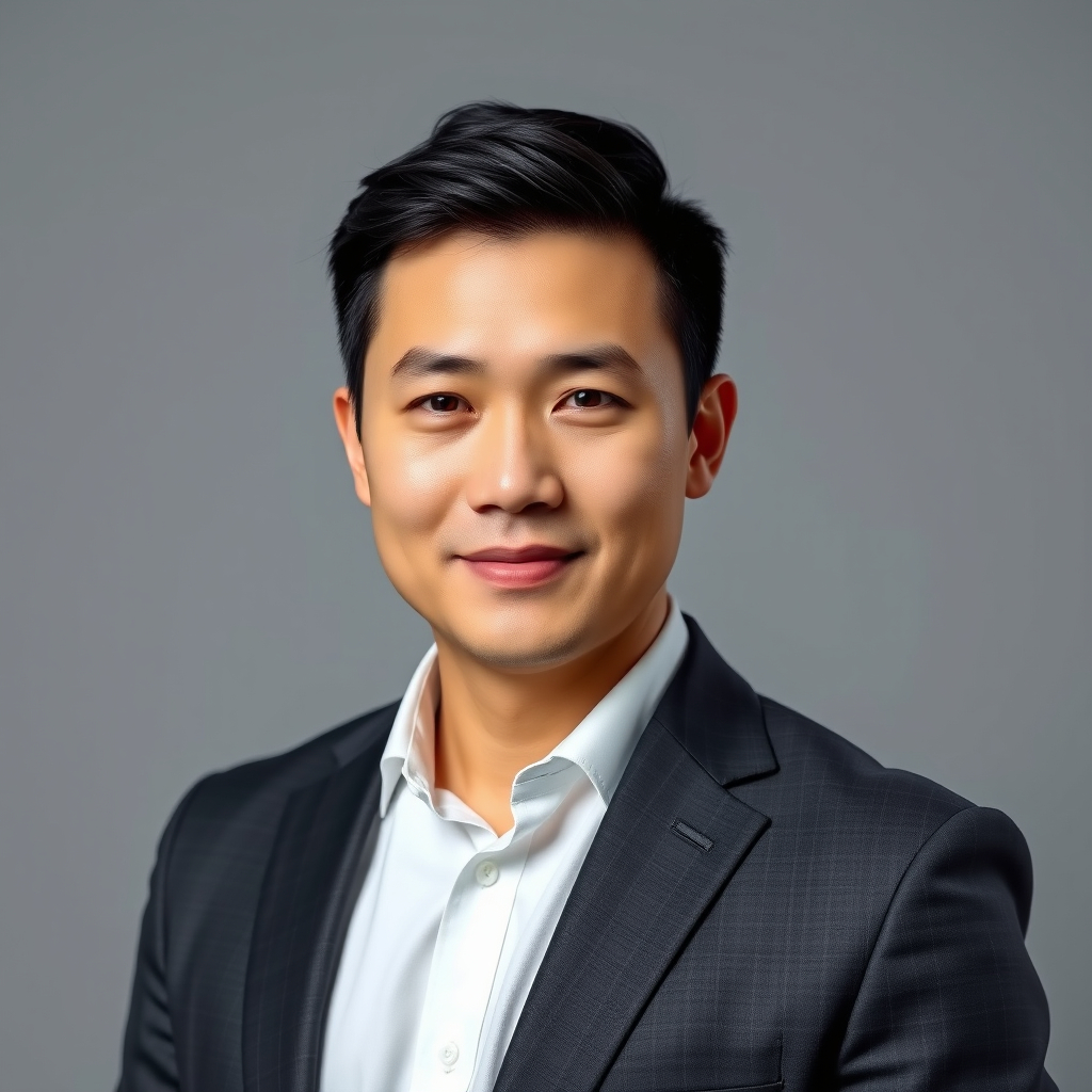 professional corporate portrait of an Asian male strategy consultant in his mid 30s, short
