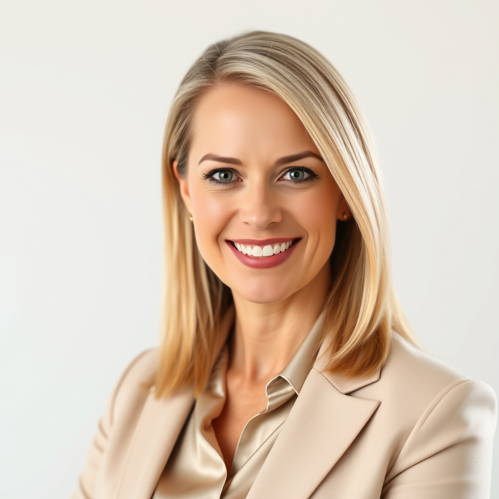 professional corporate headshot of a white woman in her late 30s, blonde hair styled strai