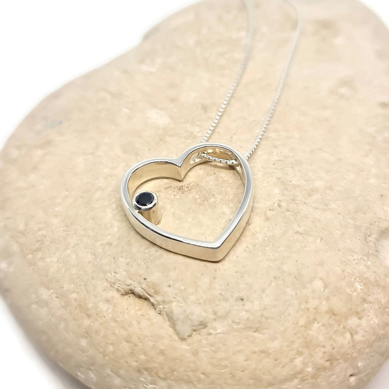 Thumbnail: Sterling Silver Black Diamond Heart Pendant and Chain