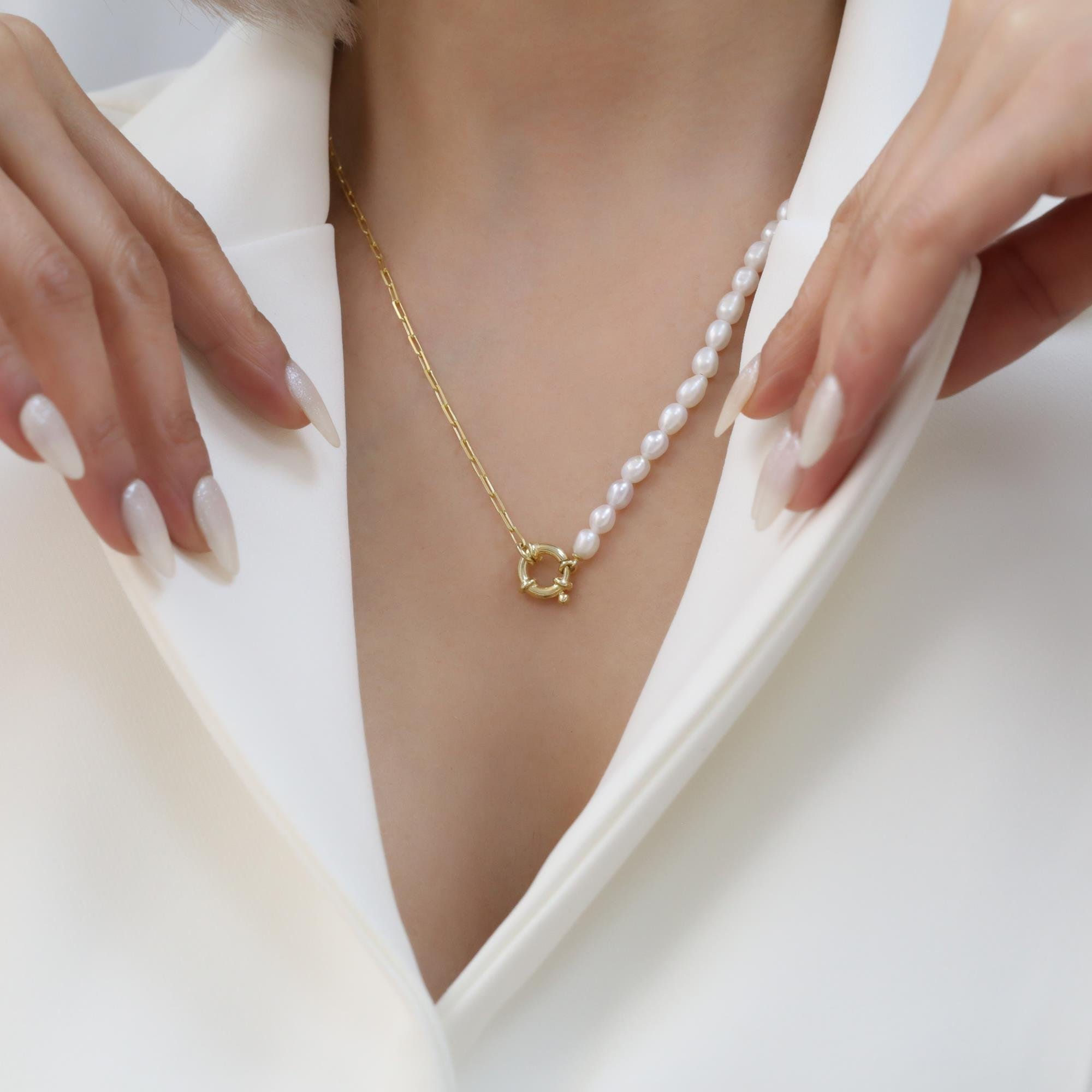 925 Sterling Silver Real and Natural Baroque Pearl Half Chain Necklace Diameter: 5mm - CN