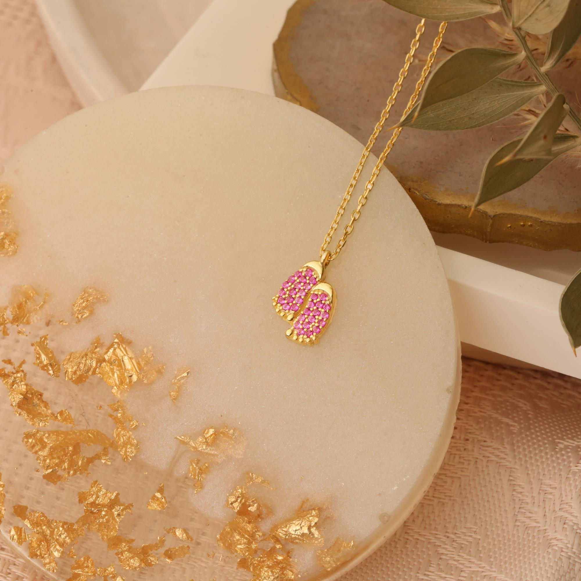 925 Sterling Silver Pink Stone Footprint Necklace - CNS00118