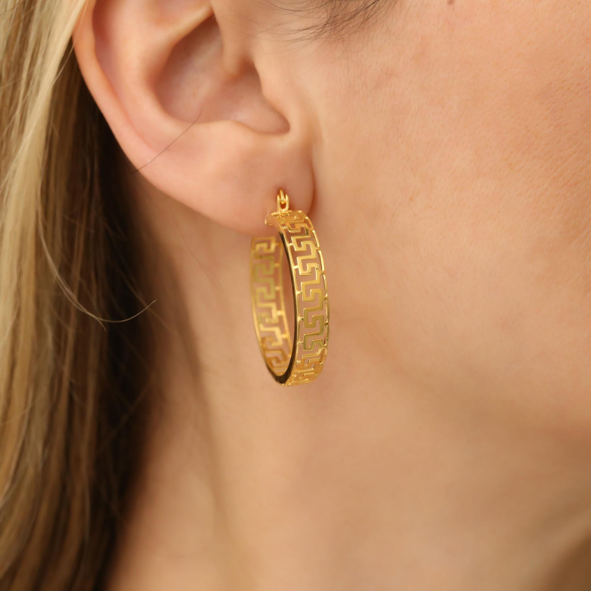 925 Ayar Gümüş Parlak Grek Desenli Halka Küpe Çap:2,8 cm