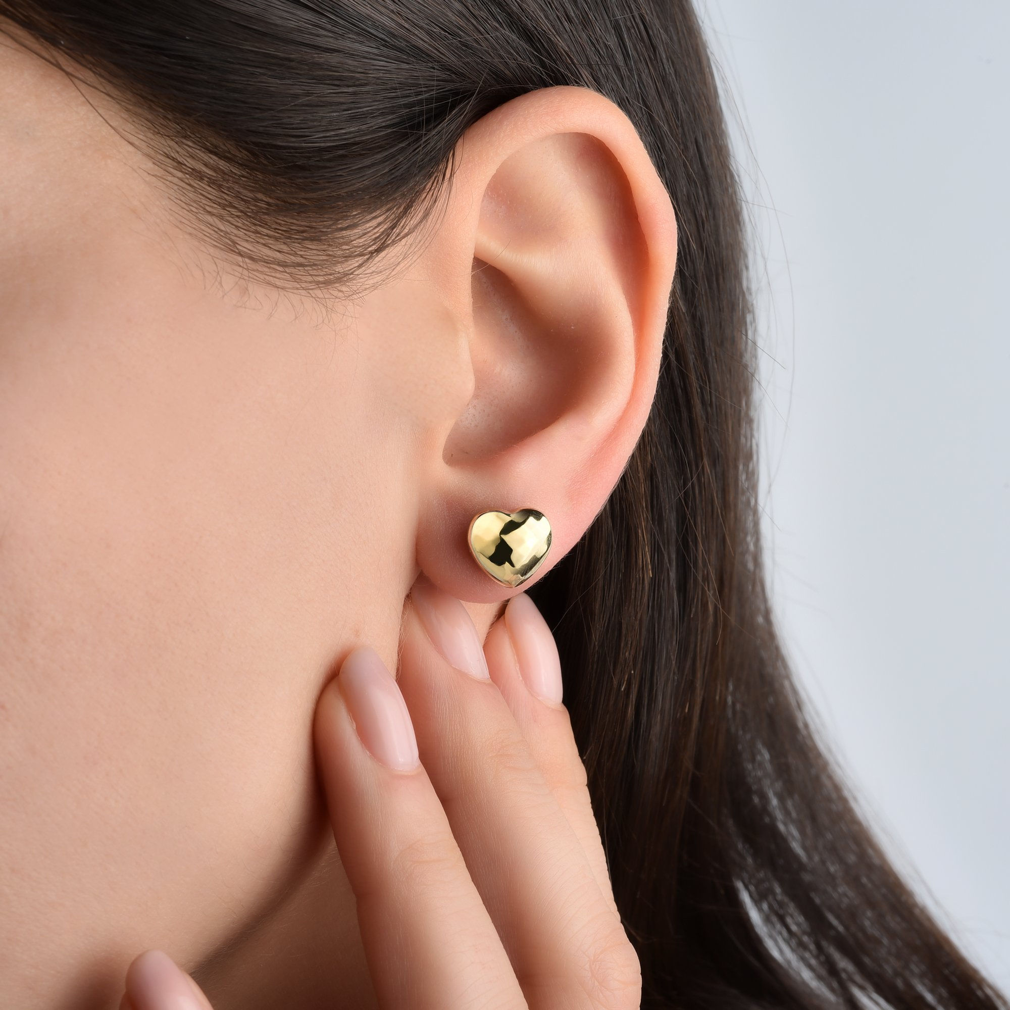 14 Ayar Altın Kaplama Minimal Desenli Kalp Gümüş Küpe - E00286