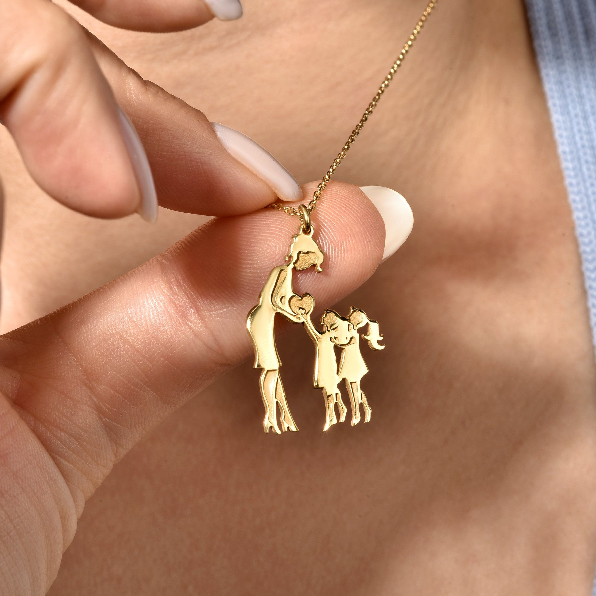 14 Ayar Altın Kaplama Anne ve İki Kız Çocuk Aile Aşk Gümüş Kolye - CN004