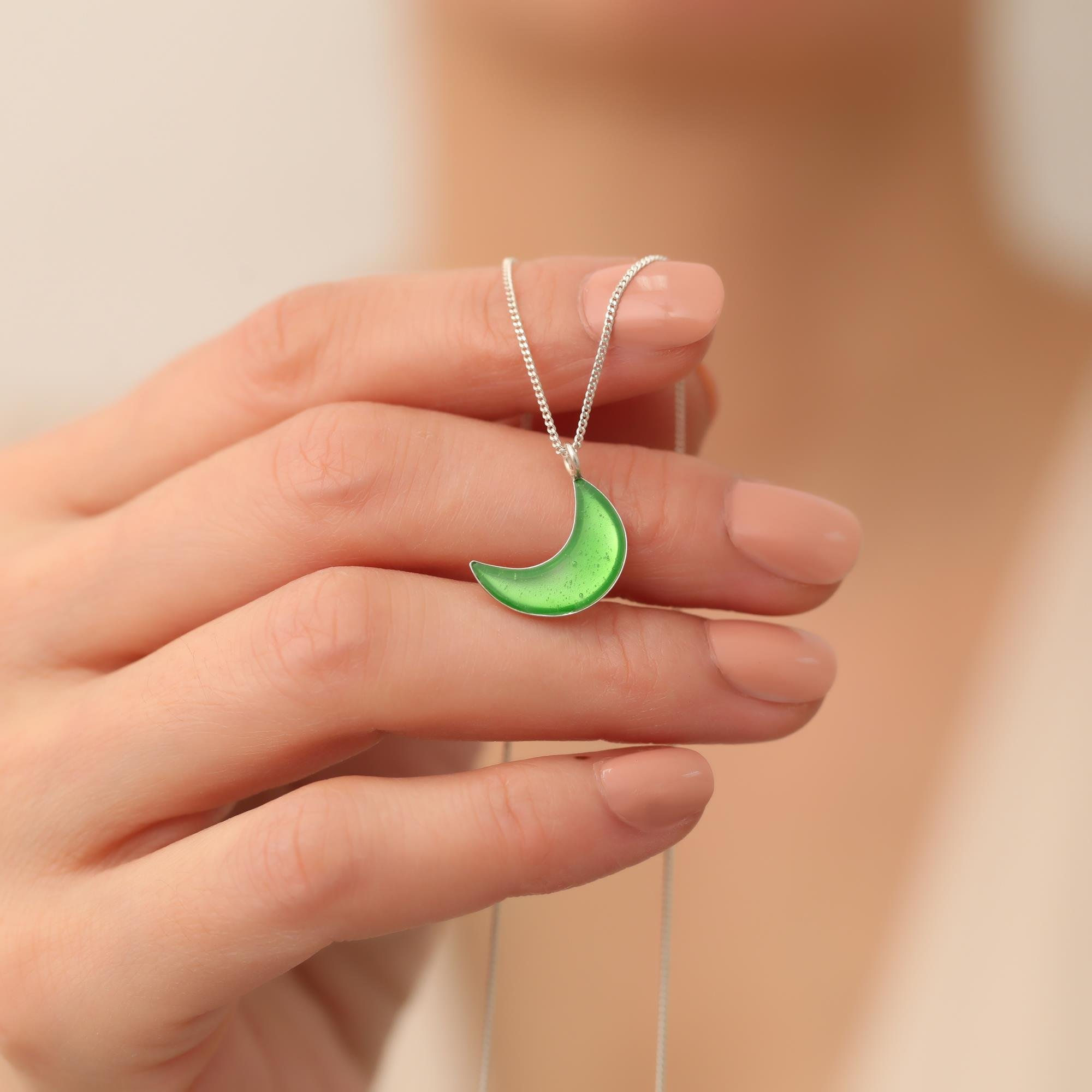 925 Sterling Silver Enameled Green Moon Necklace