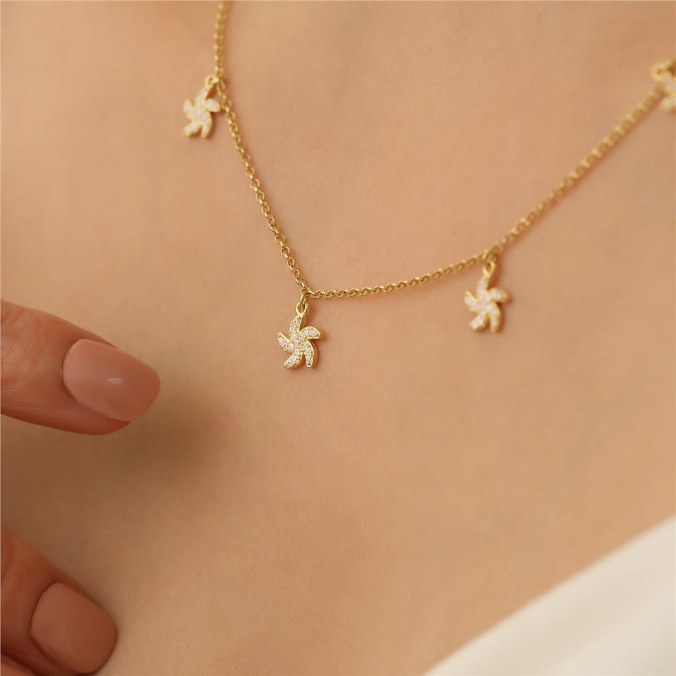 Küçük resim: 14 Ayar Altın Kaplama Taşlı Rüzgar Gülü Sallantılı Kolye – Zarif Kadın Kolye