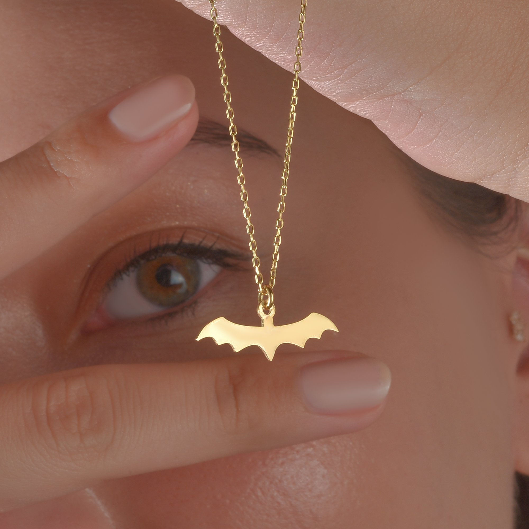 14 Ayar Altın Kaplama Cadılar Bayramı Yarasa Gümüş Kolye - CN00462