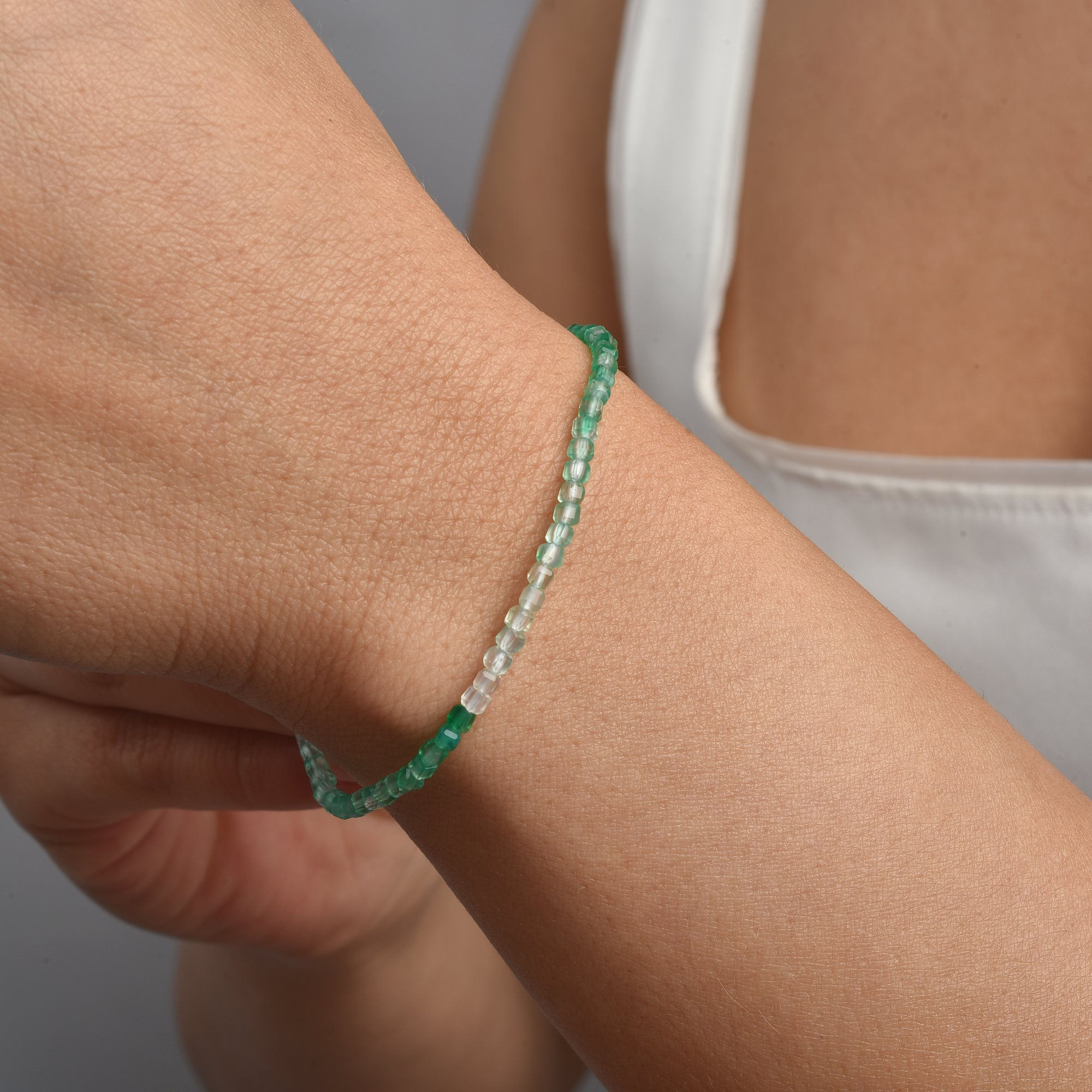 14K Gold Plated Natural Green Onyx Minimal Silver Bracelet - BGS00105