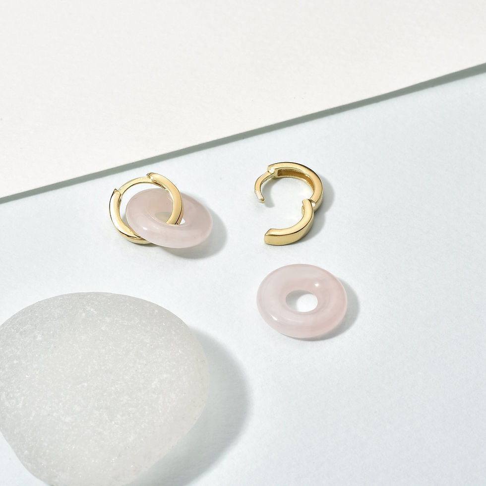 Küçük resim: 14 Ayar Altın Kaplama Gerçek ve Doğal Donut Rose Quartz Taşlı Halka Küpe - ES001