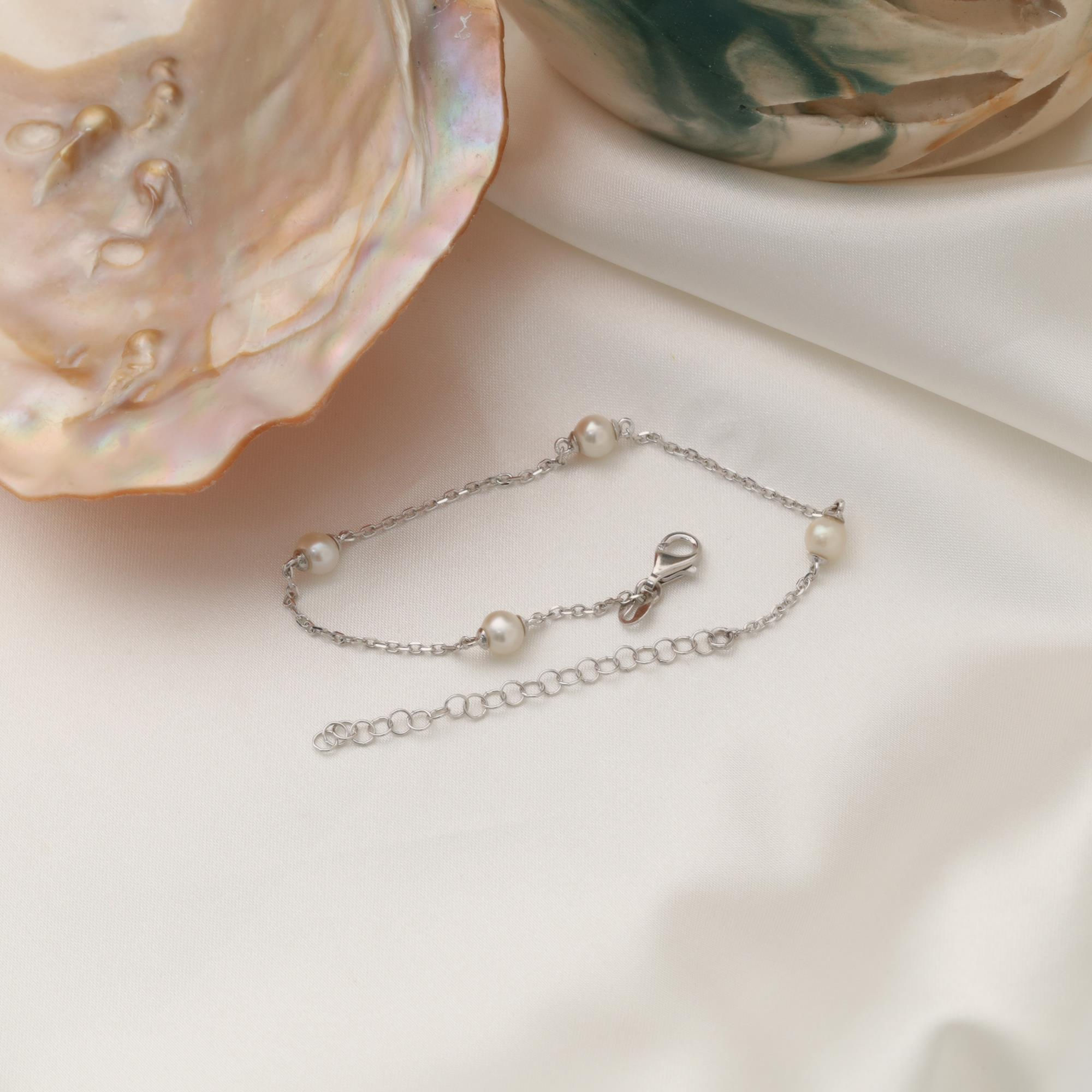 925 Ayar Gümüş Gerçek ve Doğal Zincirli İnci Bileklik Çap:5mm - CBP00130