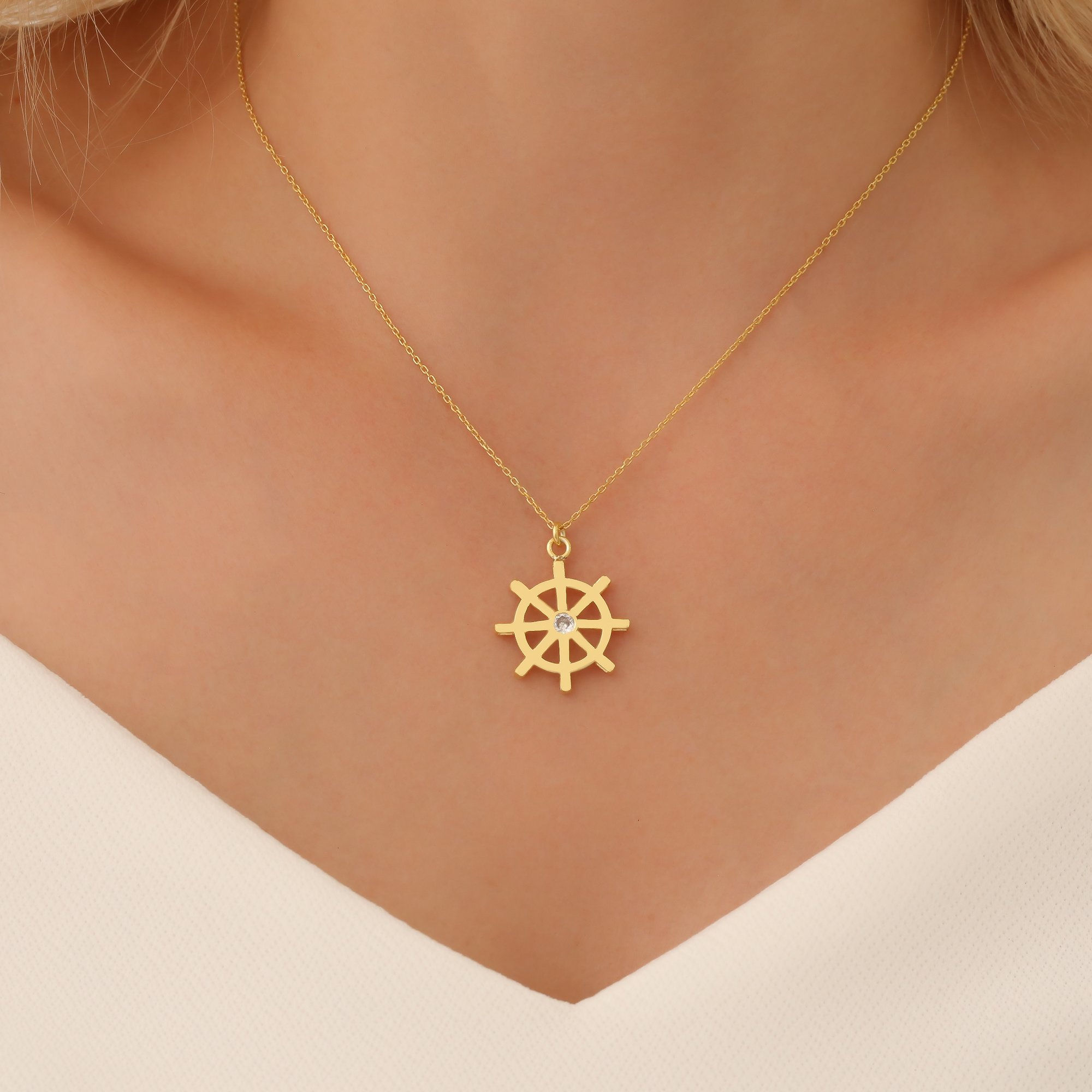 925 Sterling Silver Ship Wheel Necklace with Stone - CNS00536