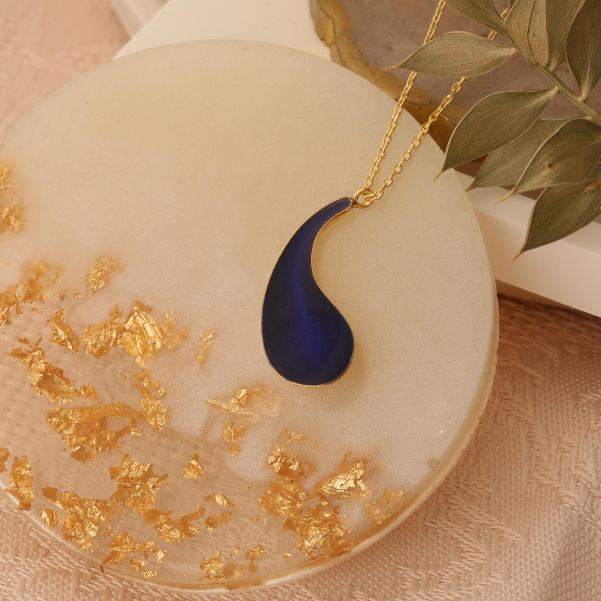 925 Sterling Silver Midnight Blue Enameled Drop Necklace - CNE00116